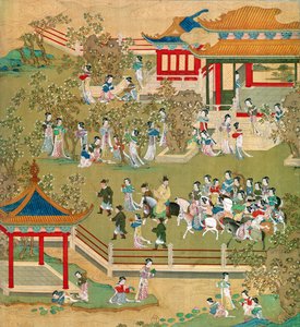 Kejsar Yang Ti (581-618) strosar i sina trädgårdar med sina fruar, från en historia av kinesiska kejsare (färg på siden) (se även 176855)