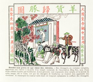 Europeiska utlänningar vid porten till ett Konfucius tempel - deras gåva av en get vägras med förakt, 1891 av Chinese School