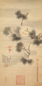 Fem fladdermöss mitt i en tallgren, 1844 av Chinese School