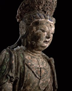 Stor sittande bodhisattva i meditation, Jin-dynastin (1115-1234) (trä & pigment) (detalj) (se 206544)