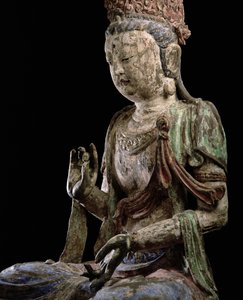 Stor sittande bodhisattva med höjda händer, Jin-dynastin (1115-1234) (trä & pigment) (detalj) (se 206546) av Chinese School