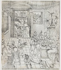 Lazarus i den rike mannens hus, tallrik från Giulio Alenis Tianzhu jiangsheng zhuxiang jingjie (En illustrerad historia om himlens Herre som blev inkarnerad i köttet), Jinjiang-kyrkan, Fu av Chinese School