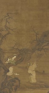 Man och kvinna njuter av plommonblomningar, Ming- eller Qingdynastin, 1400-1700-talet