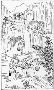 Brytning för vit lera, från en serie illustrationer av tillverkning av porslin (se 384116 & 384117 för hela serien) av Chinese School