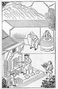 Öppning och stängning av ugnar, från en serie illustrationer om tillverkning av porslin (se 384116 & 384117 för hela serien) av Chinese School