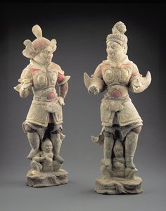 Ett par Lokapala-figurer, Tangdynastin (618-907) (lergods)
