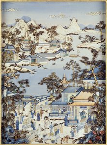 Paneler som föreställer figurer på en terrass, Qianlong-perioden, 1736-95 (polykromt elfenben) (en i ett par) (se 206571, 206573) av Chinese School