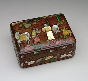 Rektangulär tzu-tan-låda, föreställande en kejserlig budbärare som kommer för att få frigivningen av Su Wu, tillverkad av Chou-familjens verkstad, mitten av Ming-dynastin 1368-1644 (trä med pa-pao-inläggning)
