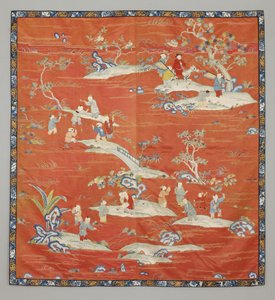 Sängöverdrag i rött satin, 1800-tal av Chinese School