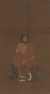 Sakyamuni sitter på tre demonliknande varelser, möjligen Yuan-tidig Ming-dynastin, 1300-1400-talet