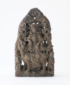 Liten täljstenstavla, med genomborrad relief av Manjusri på lejon, period av division, 543 e.Kr. av Chinese School