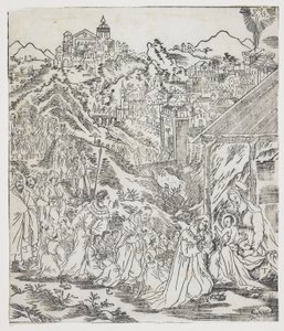 Kristi tillbedjan, tallrik från Giulio Alenis Tianzhu jiangsheng zhuxiang jingjie (En illustrerad historia om himlens Herre som blev inkarnerad i köttet), Jinjiang-kyrkan, Fujian-provinsen av Chinese School
