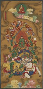 The Buddhist Guardian Mahabala, från ett buddhistiskt land- och vattenritualset (bläck, färger & guld på siden) av Chinese School