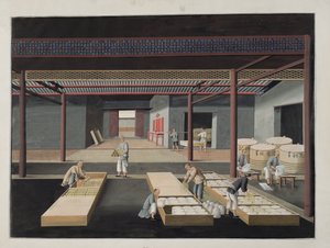 The Crating and Packing of Bowls and Dishes, tallrik 12 i en serie om tolv som skildrar processen för kinesisk porslinstillverkning, 1800-talet av Chinese School