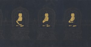 De sju buddorna från det förflutna, möjligen Ming-dynastin (guld och vitt pigment på mörkblått papper)