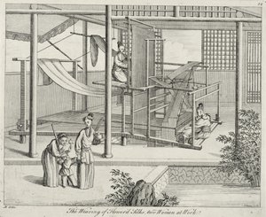`The Weaving of Flowers Silks, Two Women at Work, Kina, sent 1700-tal av Chinese School
