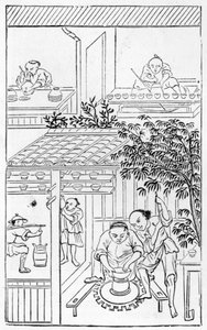 Svarvfat, från en serie illustrationer om tillverkning av porslin (se 384116 & 384117 för hela serien) av Chinese School