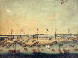 Utsikt över Hongs i Kanton med de danska, österrikiska, amerikanska, svenska, brittiska och holländska fabrikerna (olja på koppar) av Chinese School