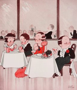 Town mice and country mice, förfinade medborgare mot oraffinerade landsmän, restaurangscen, teckning av Chloe Preston (1887-1969) från The Tatler, nr 1384, 4 januari av Chloe Preston