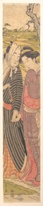 Ein Mann und ein Mädchen gehen in den Reisfeldern av Chobunsai Eishi