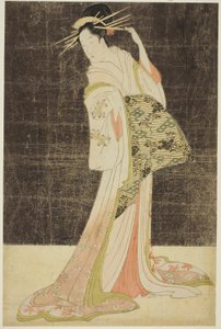 Ett urval av skönhet från nöjeskvarteren (Seiro bijin awase): Kurtisaner anlitade för nyårshelgerna - Takigawa från Ogiya, ca 1794 (trätryck i färg; oban)