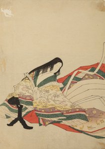 En hovdam som sitter framför ett svart bord, illustration ur albumet: Nishiki-zuri onna sanju rokkasen e-zukushi av Chobunsai Eishi