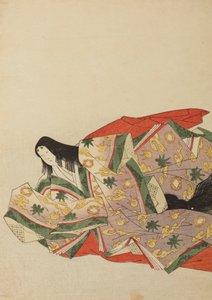 Hovdam sittande i en ljusviolett dräkt med grönt och gult mönster, plansch ur albumet: Nishiki-zuri onna sanju rokkasen e-zukushi av Chobunsai Eishi