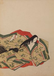 En hovdam klädd i en olivgrå klänning med motiv av körsbärsblommor, illustration ur albumet: Nishiki-zuri onna sanju rokkasen e-zukushi av Chobunsai Eishi