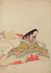En hovdam klädd i en klänning med mönster av hoo-fåglar, illustration ur albumet: Nishiki-zuri onna sanju rokkasen e-zukushi av Chobunsai Eishi