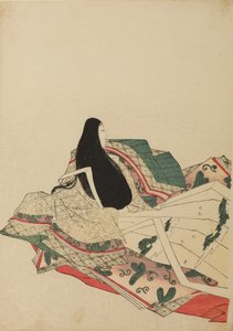 Sittande hovdam, sedd trekvarts bakifrån, plansch ur albumet: Nishiki-zuri onna sanju rokkasen e-zukushi av Chobunsai Eishi
