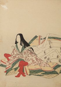 En sittande hovdam, stödd mot en kyosoku, bild ur albumet: Trettiosex kvinnliga poeter / Nishiki-zuri onna rokkasen e-zukushi av Chobunsai Eishi