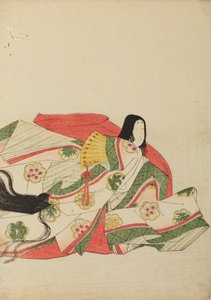 Sittande hovdam med en gul solfjäder, plansch ur albumet: Nishiki-zuri onna sanju rokkasen e-zukushi av Chobunsai Eishi