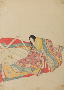 Sittande hovdam med gul solfjäder, blad ur albumet: Trettiosex poetissor / Nishiki-zuri onna sanju rokkasen e-zukushi av Chobunsai Eishi