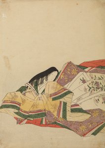 En sittande hovdam, vänd åt vänster, bild ur albumet: Nishiki-zuri onna sanju rokkasen e-zukushi av Chobunsai Eishi