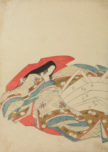Sittande hovdam vänd åt vänster, plansch ur albumet: Nishiki-zuri onna sanju rokkasen e-zukushi av Chobunsai Eishi
