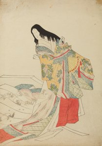 Stående hovdam med solfjäder, plansch ur albumet: Nishiki-zuri onna sanju e-zukushi av Chobunsai Eishi