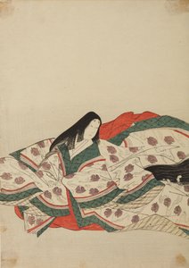 Hovdam i vit kimono med ett mönster av ankungar på vattnet, plansch ur albumet: Nishiki-zuri onna sanju rokkasen e-zukushi av Chobunsai Eishi