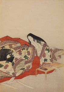 Hovdam med pensel vid ett bord, plansch ur albumet: Trettiosex poetissor av Chobunsai Eishi