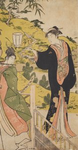 Junger Mann, der Flöte spielt, und Frau mit Laterne av Chobunsai Eishi