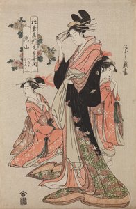 Oiran Seyama från huset Matsuba-ya med sina kamuro Iroka och Yukari, ur serien: Invigningsfest för det nya huset Matsuba-ya av Chobunsai Eishi