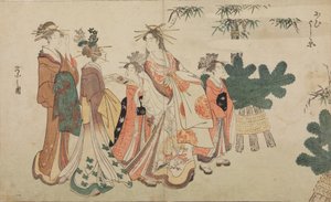 En oiran under en nyårspromenad, omgiven av två shinzo och två kamuro av Chobunsai Eishi