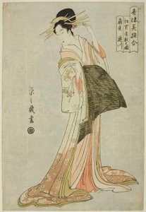 Takigawa från Ogiya i den första rean på det nya året (Hatsu uri zashiki no zu), från serien "A Comparison of Selected Beauties of the Pleasure Quarters (Seiro bisen awase)"