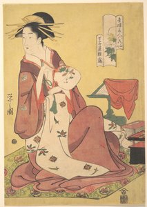 Kurtisanen Hinazuru från bordellen Chōjiya (Chōjiya Hinazuru), ur serien Nöjeskvarterens skönheter som de sex odödliga blomsterdiktarna (Seirō bijin rokkasen) av Chobunsai Eishi