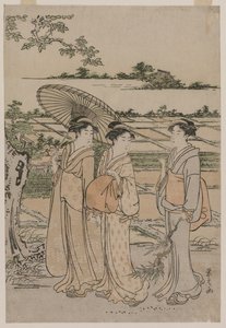 Tre kvinnor som promenerar på landsbygden, mitten av 1780-talet.