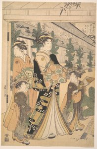 Två oiran med två kvinnliga följeslagare i Yoshiwara av Chobunsai Eishi