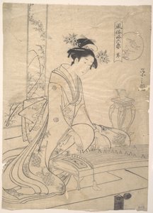 Ung dam som spelar ett musikinstrument av Chobunsai Eishi