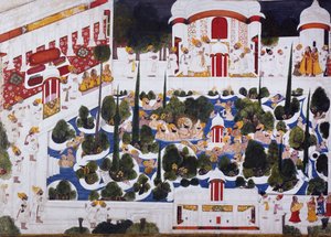 Maharana Bhim Singh leker med adelsmän i palatspoolen, 1803