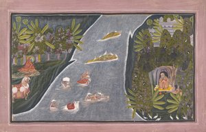 Radha korsar en flod för att intervjua en hinduisk visman, ca. 1820.