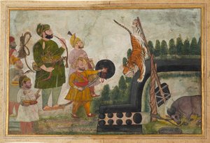 Rawat Gokul Das inspekterar en instängd tiger, 1810-1815