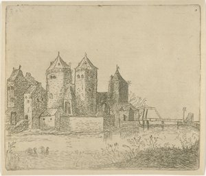 Utsikt över ett slott med en vallgrav av Christiaan Friedrich Ruppe